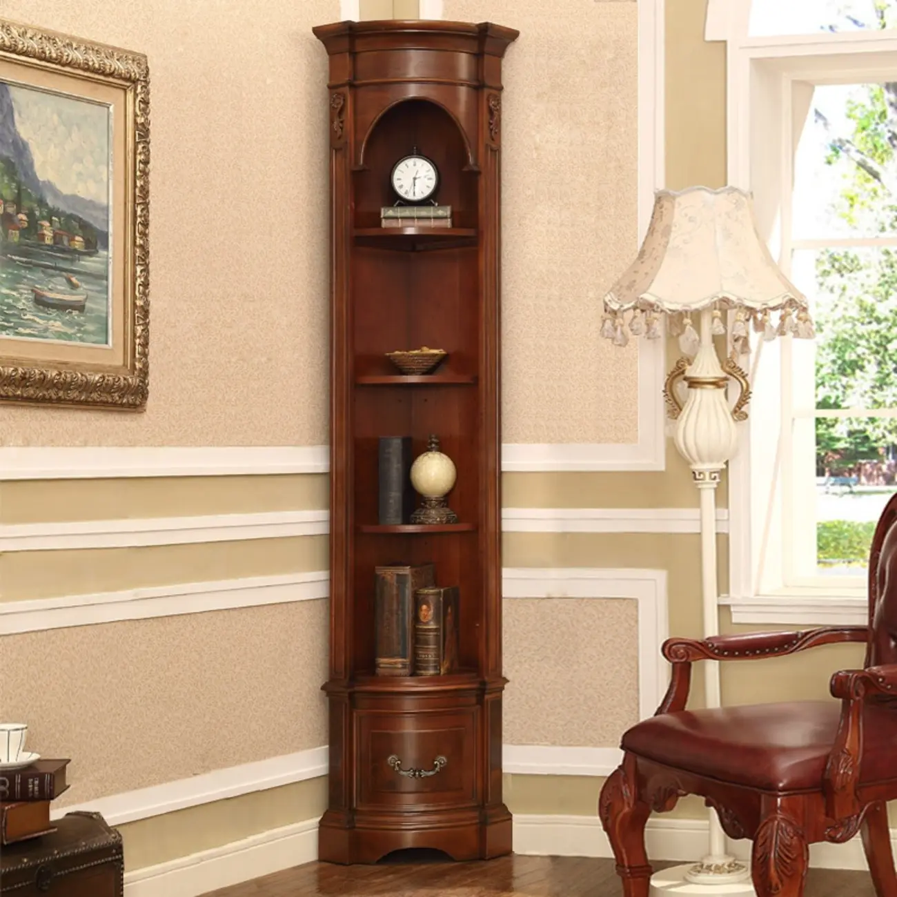 Tall Classic Brown Wooden Display Corner Bookcase with Drawer