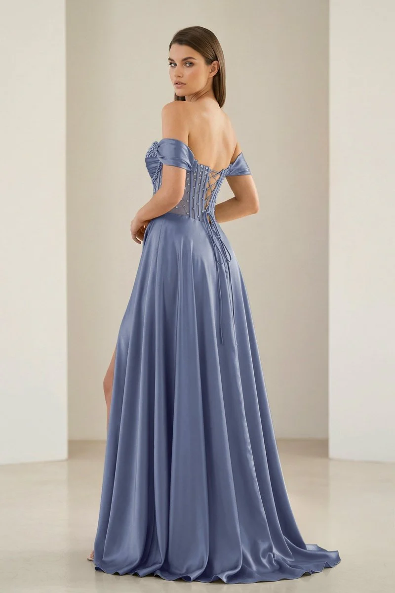 Sage Off The Shoulder A Line Satin Beaded Prom Dresses With Slit