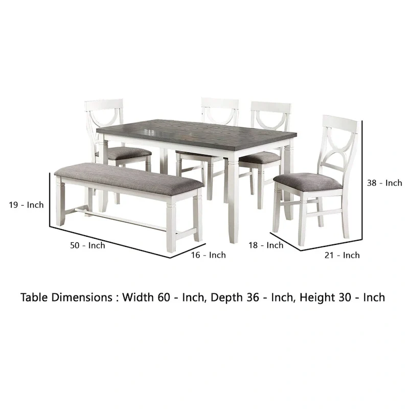 6 Piece Dining Set with Cut Out Back Chairs and Padded Bench, White and Gray