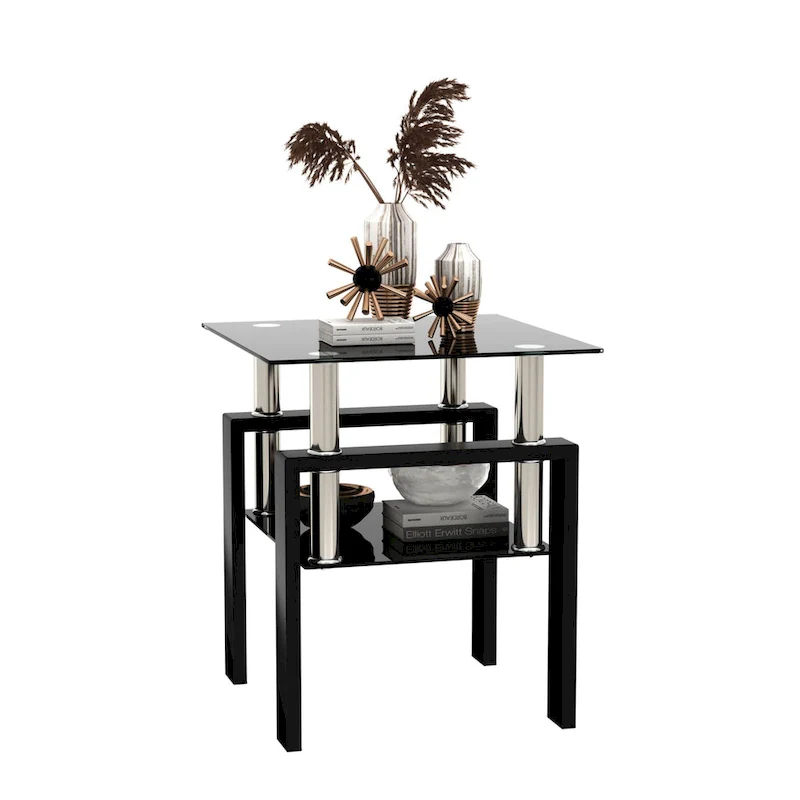 Square Tempered Glass Coffee Table with Metal Legs