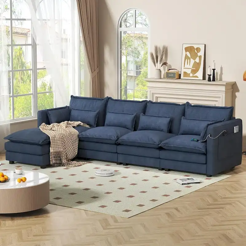 Modular Sectional Sofa L Shaped Couch, 3/4 Seat Sofa Set with Ottoman, Chenille Fabric
