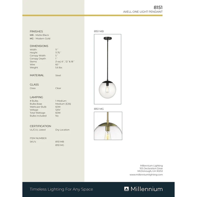 Millennium Lighting Avell 1 Light Pendant with Clear Glass Shades