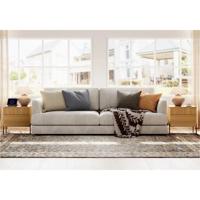 WAMPAT Fluted Nightstand with Charging Station,Modern Side Table with 2 Drawers