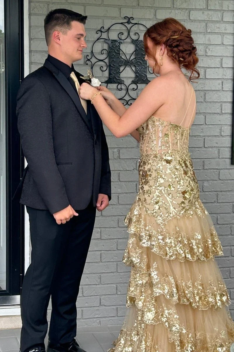 Sheath One Shoulder Tiered Lace Long Prom Dress