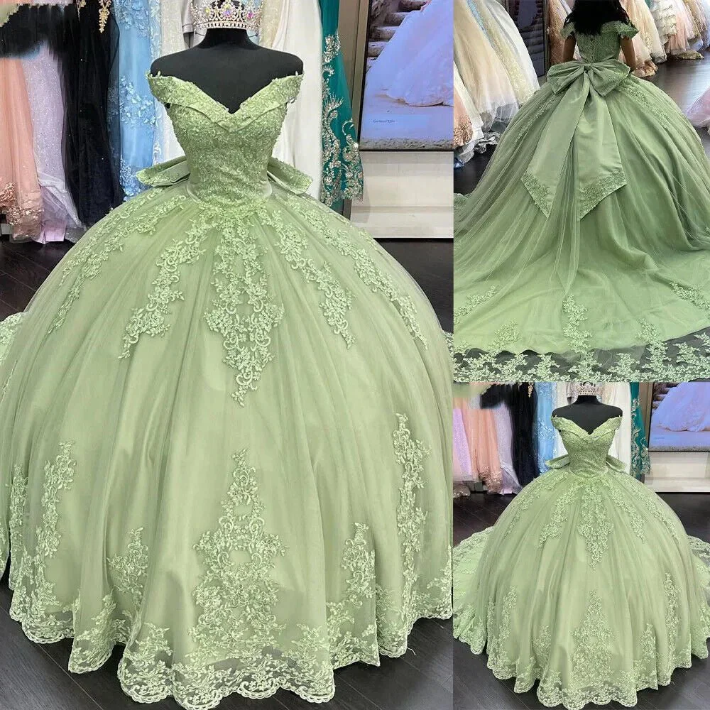 Lace Tulle Sage Applique Off Shoulder Quinceanera Dresses