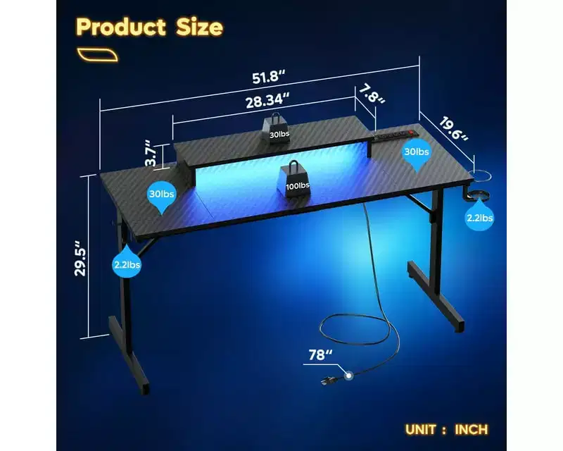 Bestier 52 inch Gaming Desk with Power Strip and LED Monitor Stand for Home Office