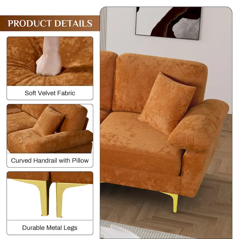 Upholstered Velvet Sectional Sofa with Pillows & Ottoman