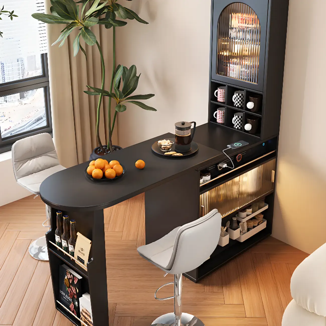 Modern Black Wood Convertible Space-Saving Storage Bar Tables