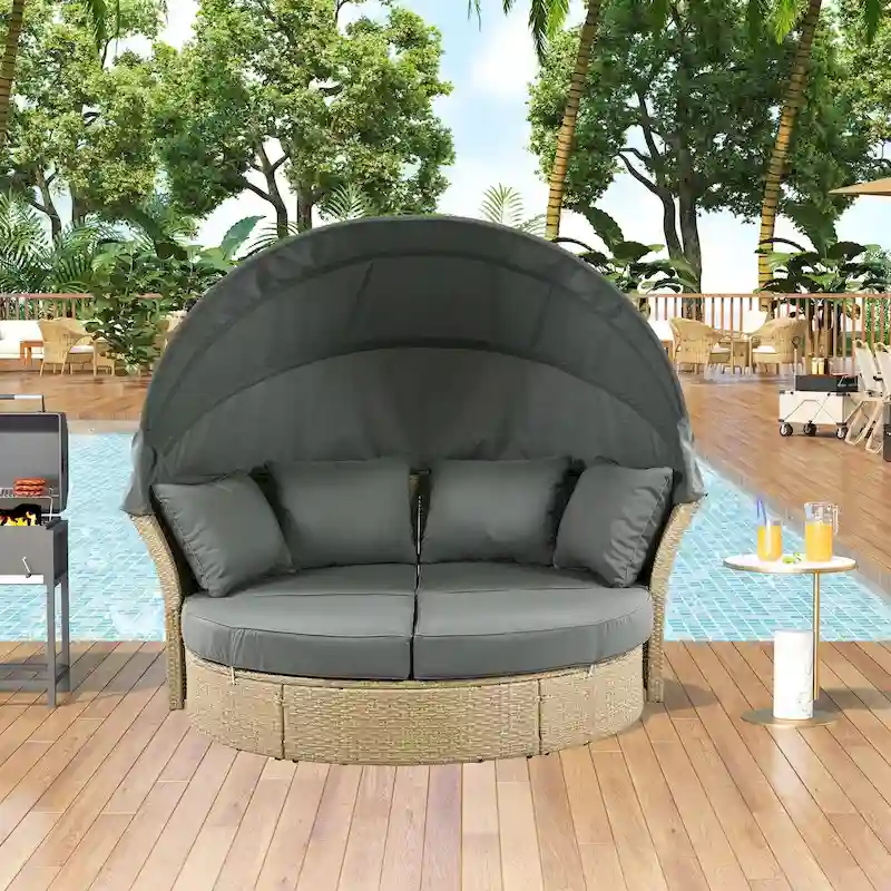 Outdoor Wicker Rattan Double Daybed with Canopy & 4 Pillows