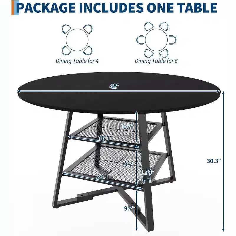 Acekool 47 Inch Round Dining Table with Storage Shelf, Metal Base Kitchen Table for 4-6