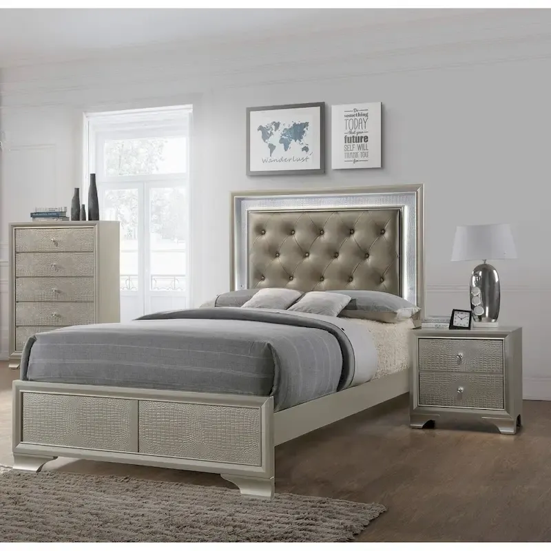 LED Light Faux Leather Upholstered Wooden Bed Chest Nightstand 3pc Set