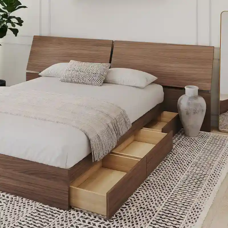 Nexera Storage Bed with Headboard, Walnut