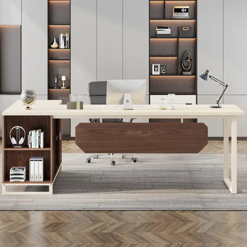 Walnut L-Shaped Executive Desk with File Cabinet