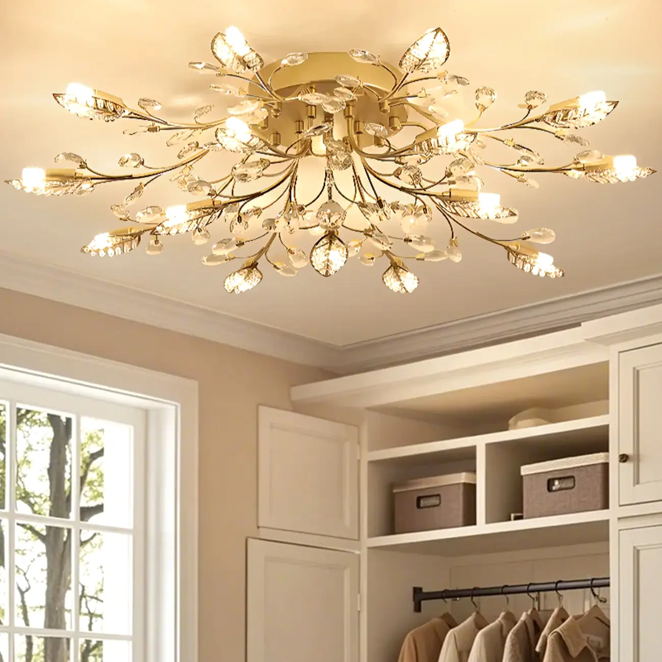Elegant Golden Branch Crystal Semi Flush Ceiling Light