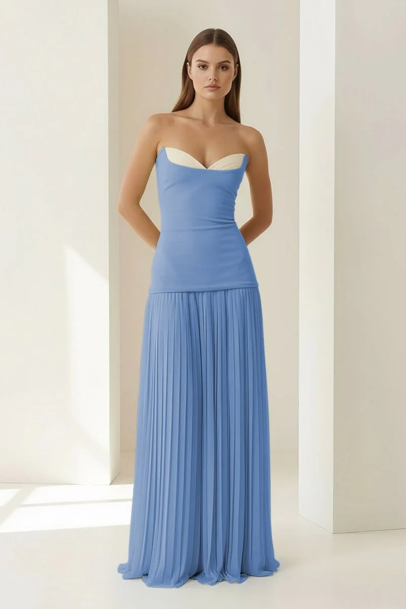 Blue Strapless Sheath Chiffon Pleated Long Prom Dresses