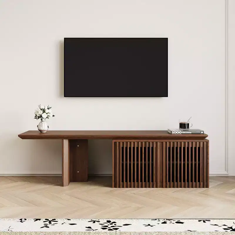 JVNOXK 60.6-84.3''Extendable TV Media Console for Up to 55 Inch, Modern TV Stand, Entertainment Center with Storage, for Living Room,Bedroom,Walnut