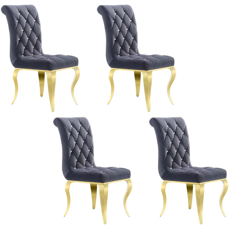 Grey Velvet Tufted Dining Chair with Gold Metal Legs, Set for 1