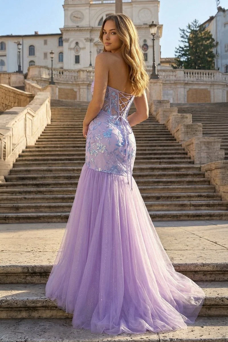 Lilac Sheath Strapless Tulle Pleated Long Prom Dresses With Beading