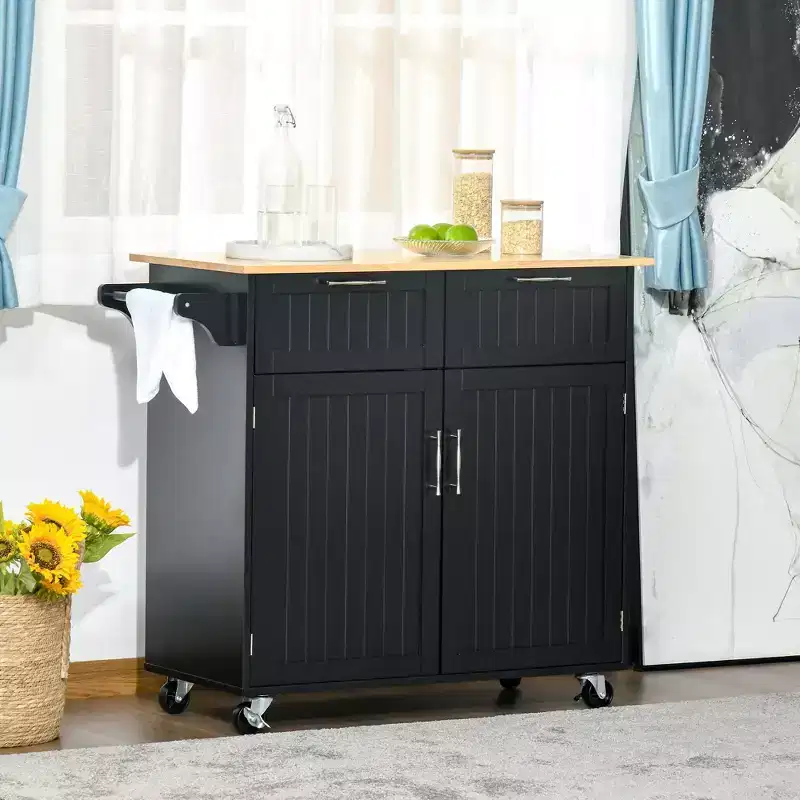 Okak Modern Kitchen Island on Wheels, Rolling Kitchen Island with Rubberwood Top and Drawers, Kitchen Cart for Kitchen, Dining Room