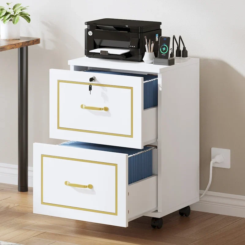White 2-Drawer Mobile Filing Cabinet with Charging Station, Single User