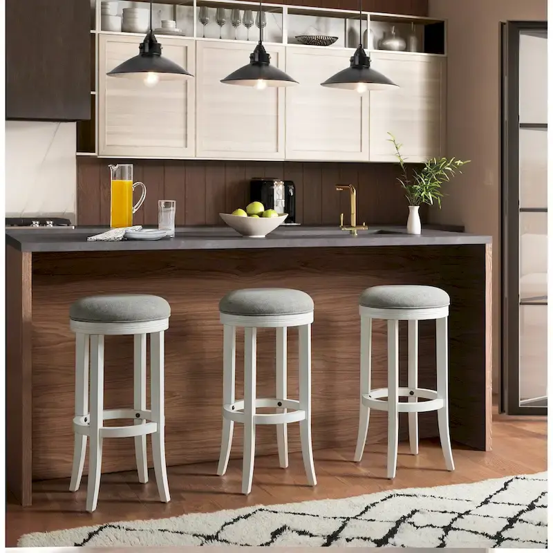 New Ridge Home Goods Avery White Wood Backless Swivel Bar Stool, Gray Fabric Seat