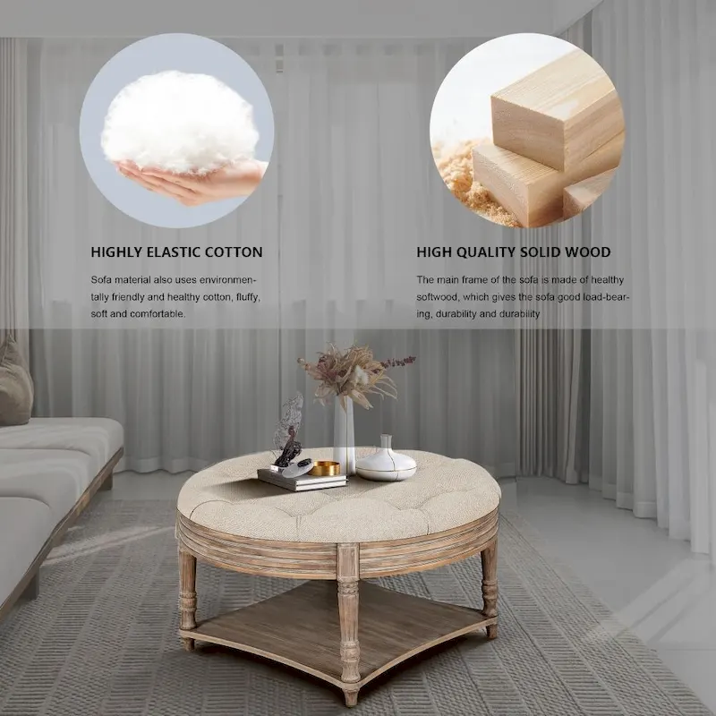 2 Tier Button Tufted Ottoman Round Coffee Table