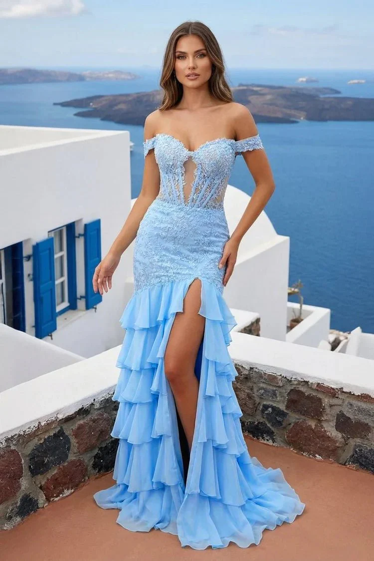 Blue Off The Shoulder Mermaid Chiffon Ruffled Formal Prom Dresses With Appliques