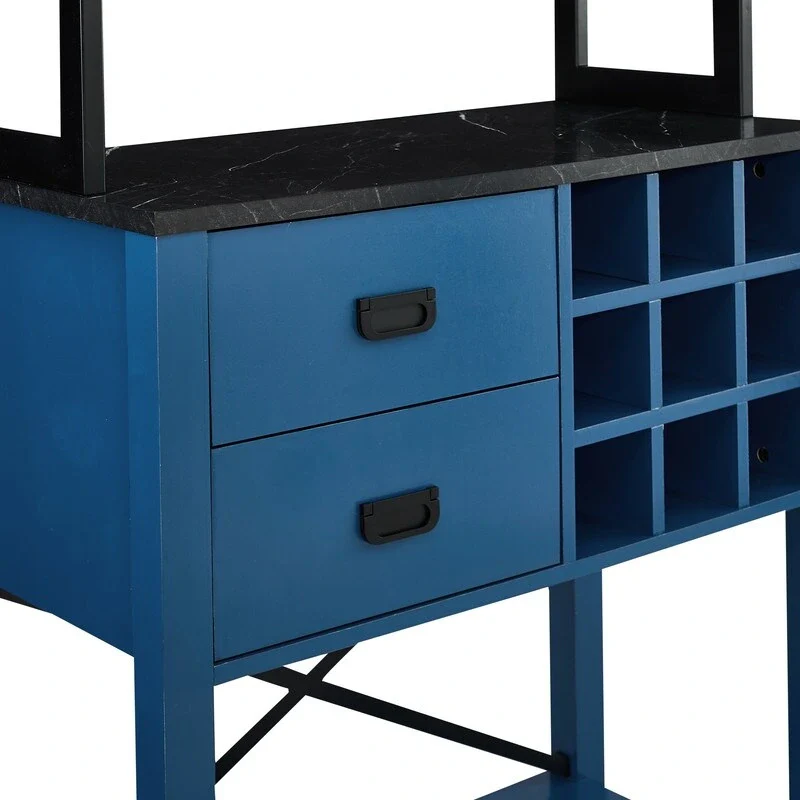 Blue / White Wood Buffet Bar Cabinet with Wine Rack, 9-Bottle Storage