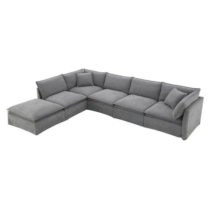 L Shaped Modular Sectional Chenille Sofa with Movable Ottoman