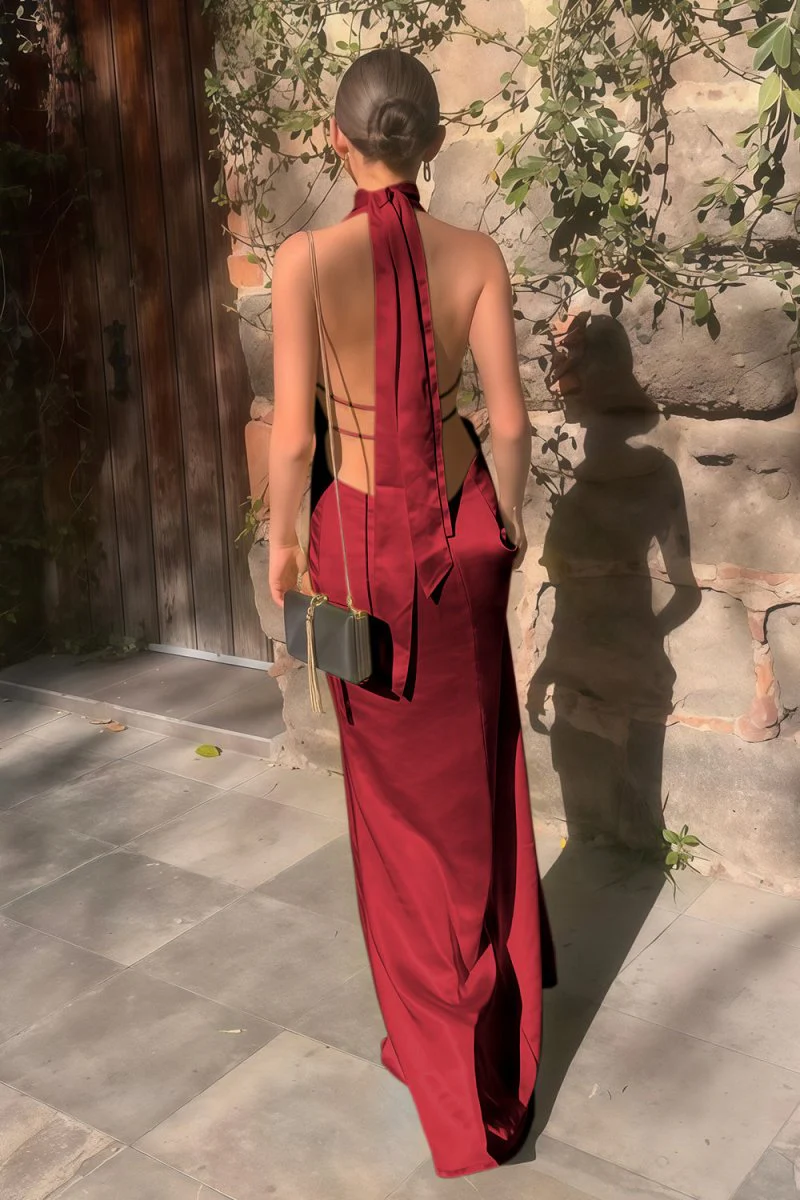 Yellow - Halter Deep V Neck Satin Sheath Backless Long Prom Dresses