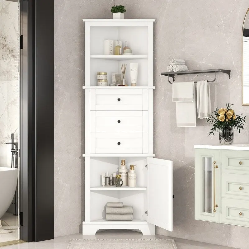 Triangle Tall Bathroom Cabinet with 3 Drawers and Adjustable Shelves