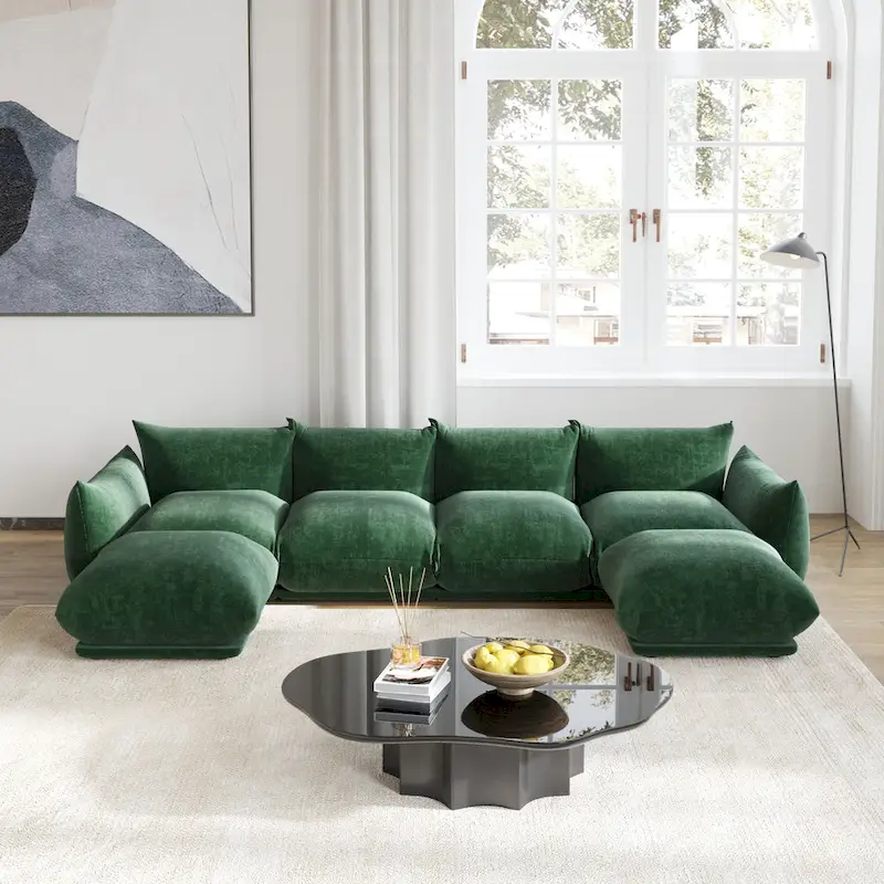 U-Shape Chenille Sectional Sofa, 4-Seat – Green / Orange / Beige / Black