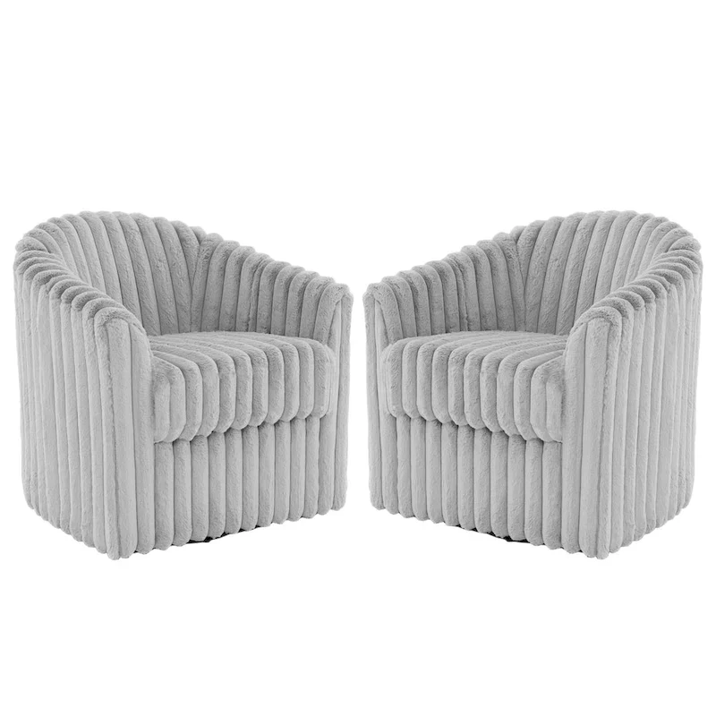 Faux Rabbit Fur Swivel Barrel Chairs - Set of 2