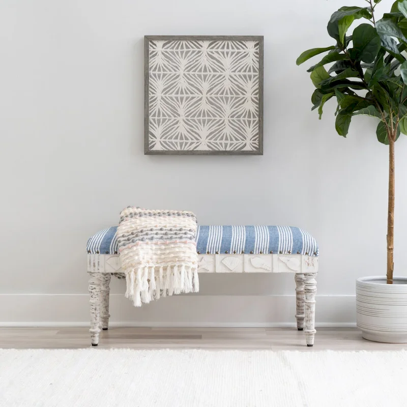 Seashell Upholstered Entryway Bench – Mango Wood, 400 lb Capacity
