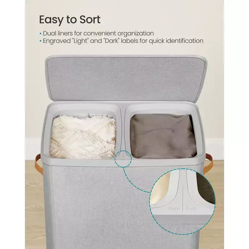 44.9 Gal Large Laundry Hamper with Lid, 2 Compartment Dirty Clothes Basket, Removable Inner Bags & Handles, 22x15.7x29.5 Inches