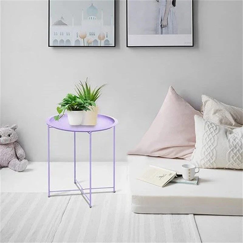 Grey/White/Pink/Purple Folding Metal Side Table with Removable Tray, Single Use