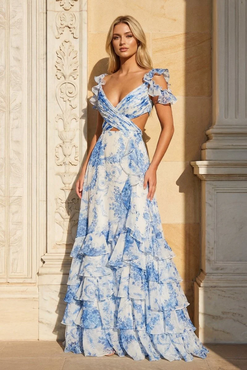 V Neck A-line Floral Printed Chiffon Slit Prom Dress