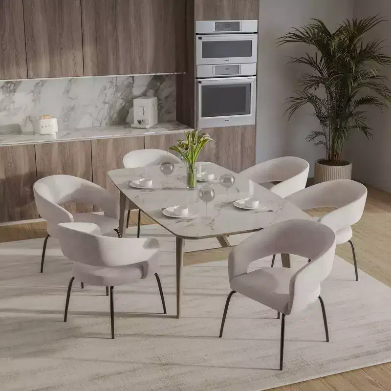 LeisureMod Dining Chair Upholstered in Velvet/Leather with Open Curved Backrest and Powder-Coated Iron Legs Gavin Collection Set of 2