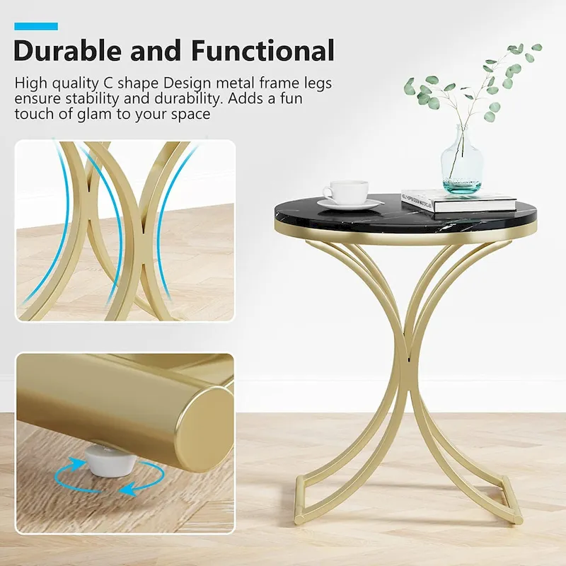 Round Side Table with Faux Marble Top and C-Shaped Metal Legs