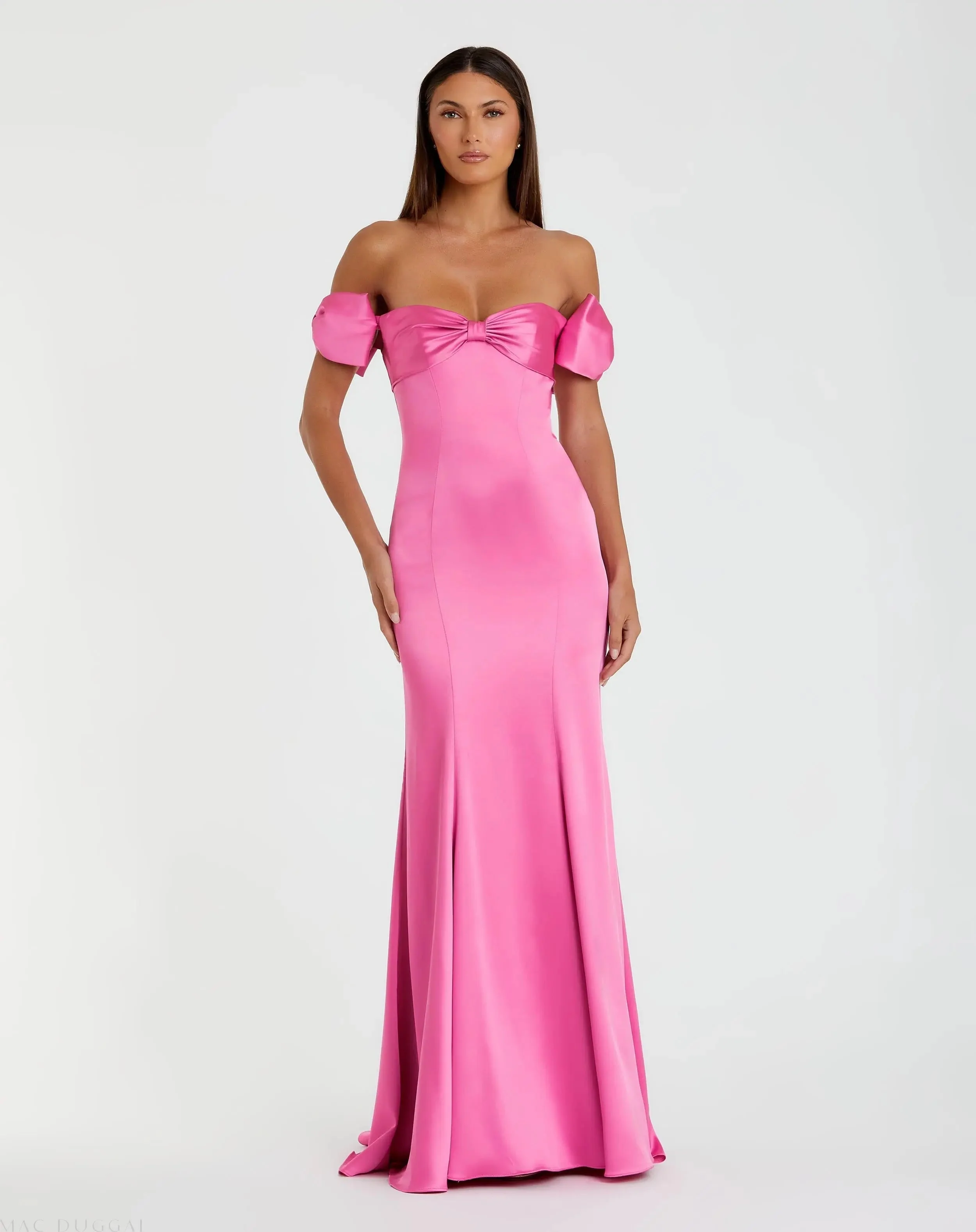 Pink Off-the-Shoulder Satin Trumpet Gown with Bows