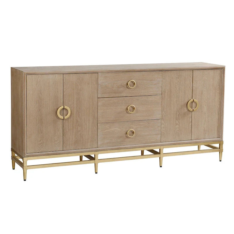 4-Door 3-Drawer Credenza in Weathered Oak Finish, Gold Metal Frame Dining Room Sideboard