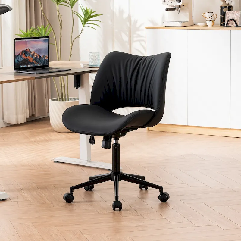 Leather Swivel Office Chair with Wheels - Armless