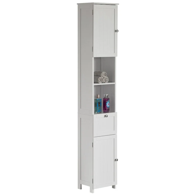White Tall Bathroom Linen Tower Storage Cabinet