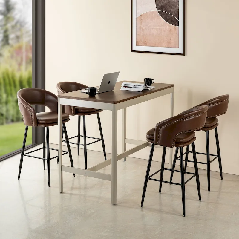 Mid-Century Modern Faux Leather Bar Stool with Nailhead Trim & Metal Legs – Black / Brown