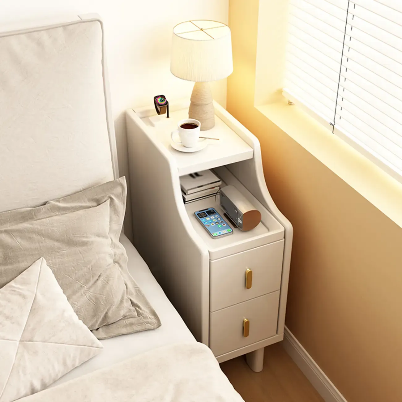 Narrow Small Walnut Wood Nightstand with Shelves
