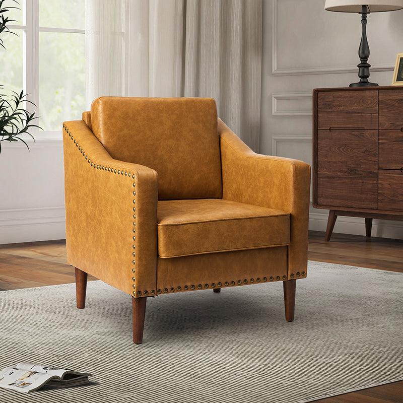 PU Leather Armchair with Nailhead Trim, Sloped Arms, Removable Cushions & Solid Wood Legs | Camel / Black / Beige / Brown / Navy | Single Seat