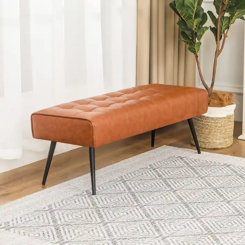 Navy Blue / Dark Orange Faux Leather Tufted Bench, 1-2 Person, 41