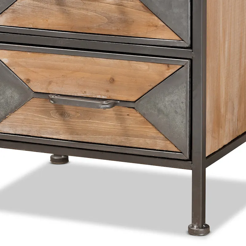 Rustic Industrial Antique Grey Metal and Whitewashed Oak Wood 3-Drawer End Table