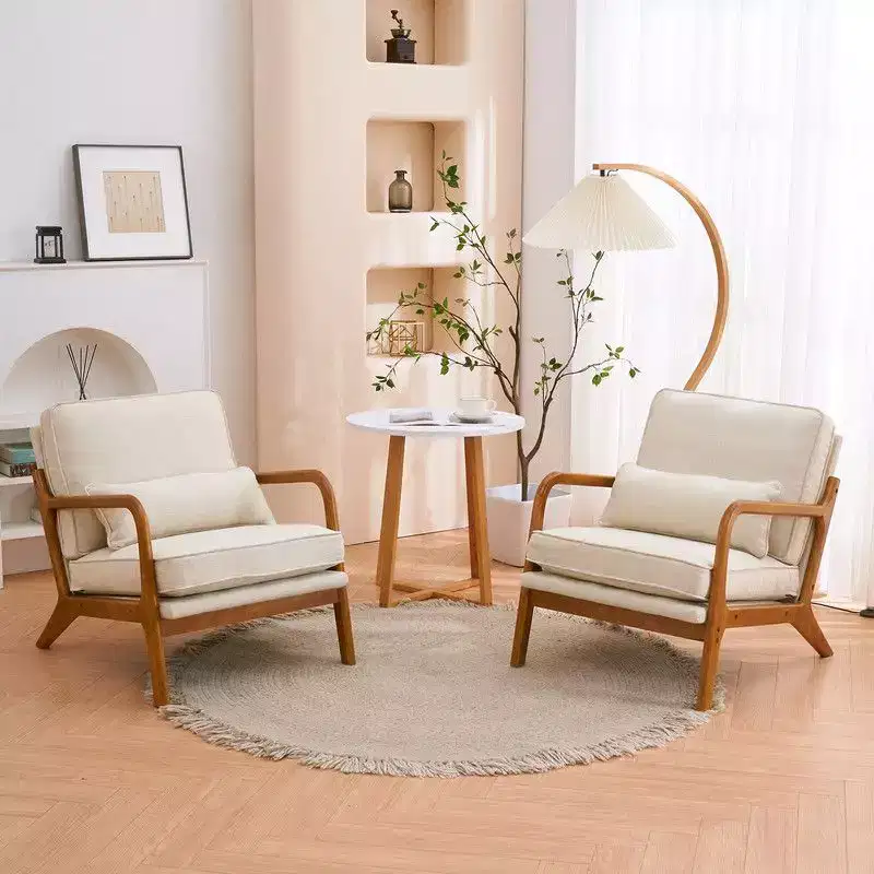 Karl Home 2Pcs Mid Century Solid Wood Accent Chair Upholstered Armchair with an Extra Pillow