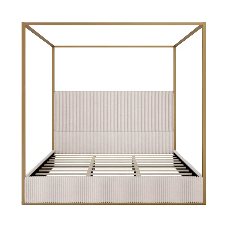 Modern Luxury Metal Canopy Bed with Tall Upholstered Headboard & Four Poster